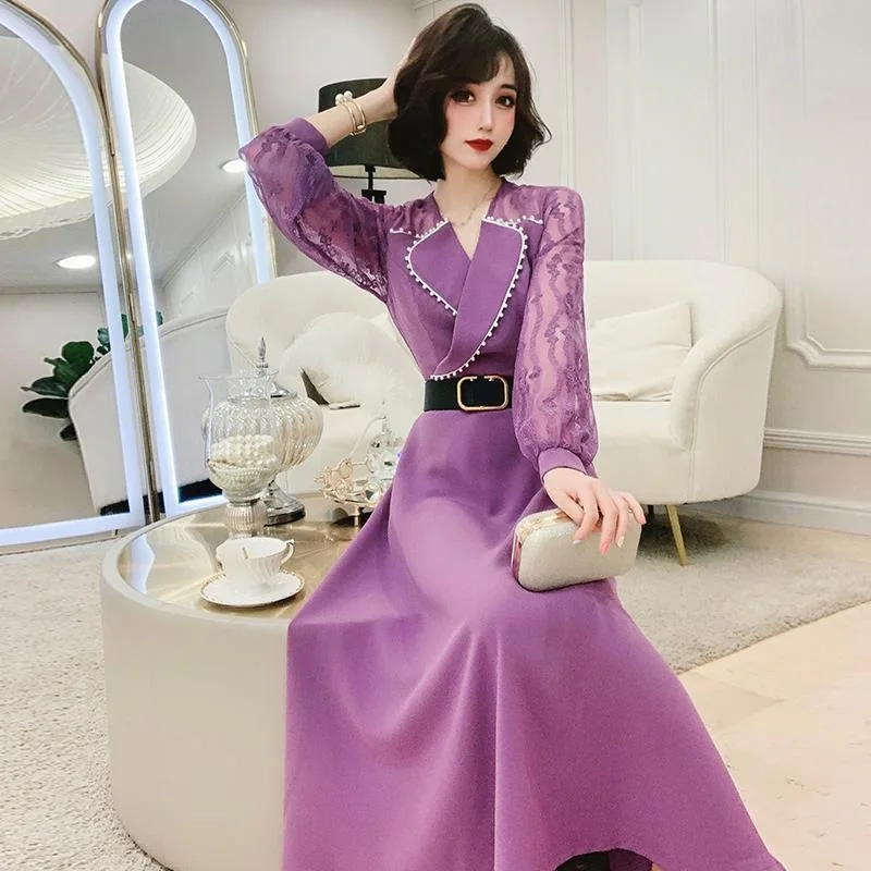 

Women's Lace Dress 2021 Spring Fashion Notched Collar Sashes Dresses Ladies Lace Sleeve A-Line Dress with Belt