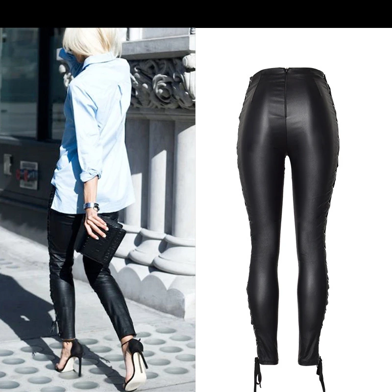Black Elastic Double-Sided Sling Coated Leather Pants