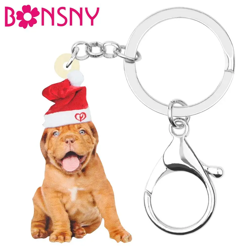Bonsny Акриловая Рождественская шляпа бульдог Собака брелки животных кольца для