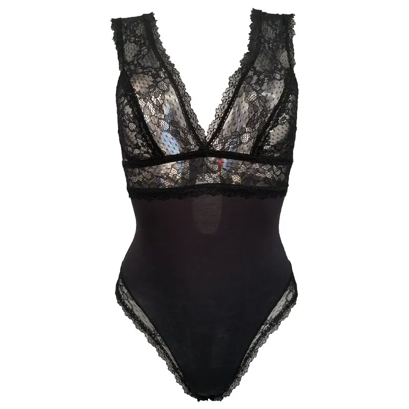 

Solid Black Lace Ultra-thin Deep V-neck Cutout Sexy Perspective Women Bodysuit Slimming Female Waist Training Body Shaper SLA027