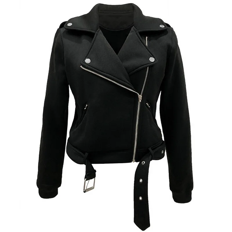 

Autumn Biker Jacket Long-sleeved Coats and Jakcets Women Casacas Para Mujer Turn-down Winter Zip Tops With Belt Jaqueta Feminina