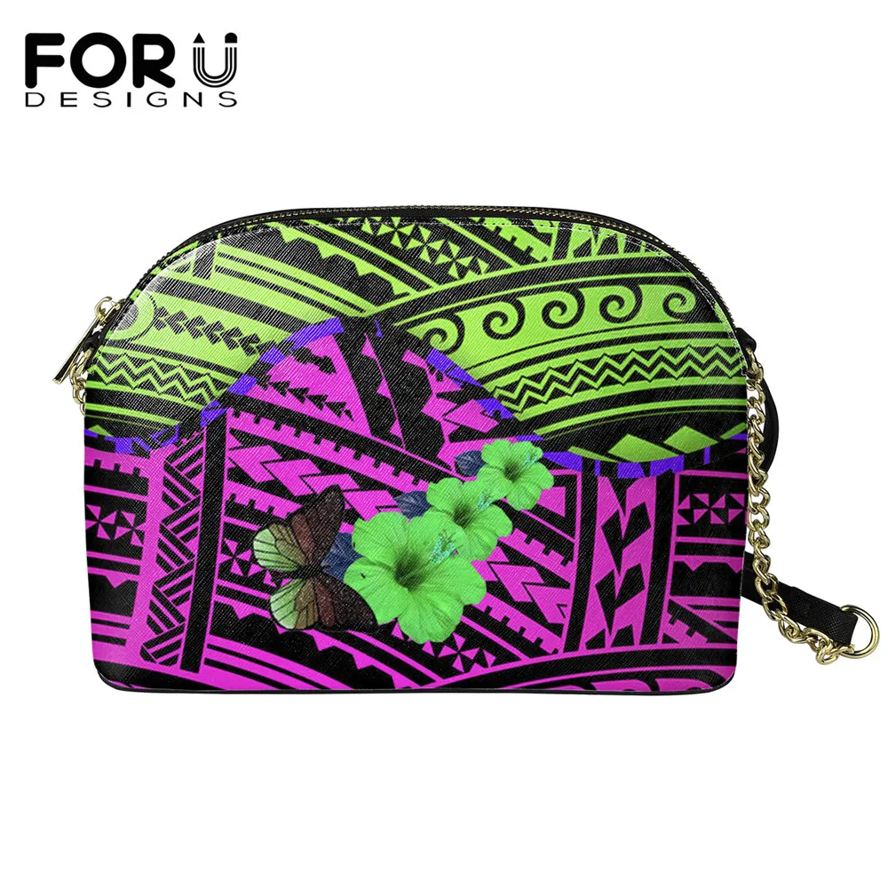 

New Arrival Polynesian Ethnic Hibiscus Butterfly Pattern Girls Fashion Pu Leather Shell Bag Travel Shopping Coin Crossbody Bags