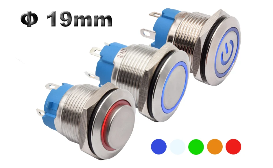 19mm 12v Blue LED Lighted Push Button Metal Momentary Switch Connector O-ring for sale online 
