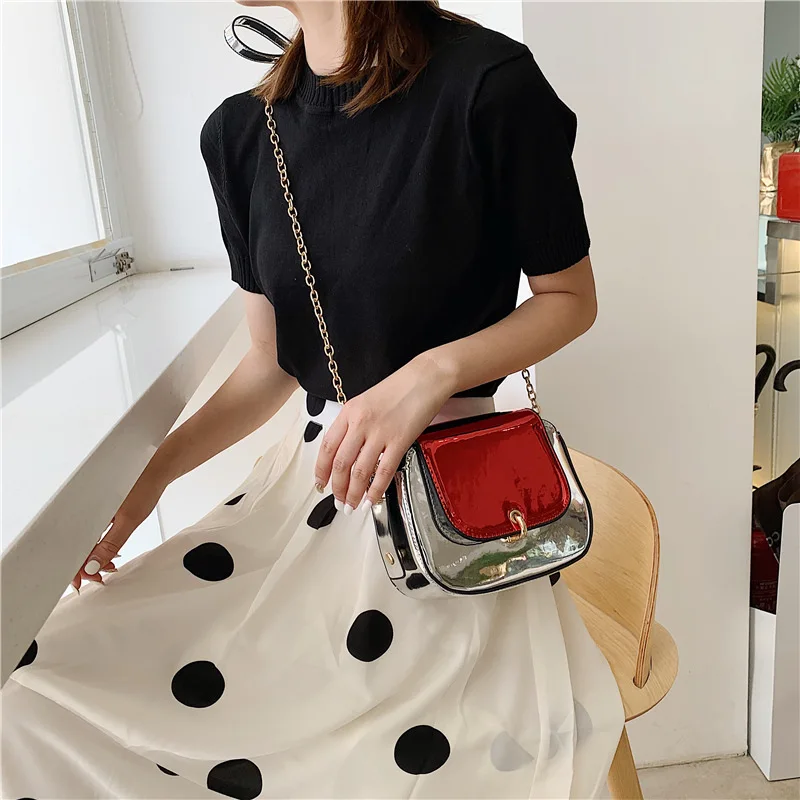 

2019 new stylish glossy patent leather PU shoulder Messenger bag simple chain small square bag