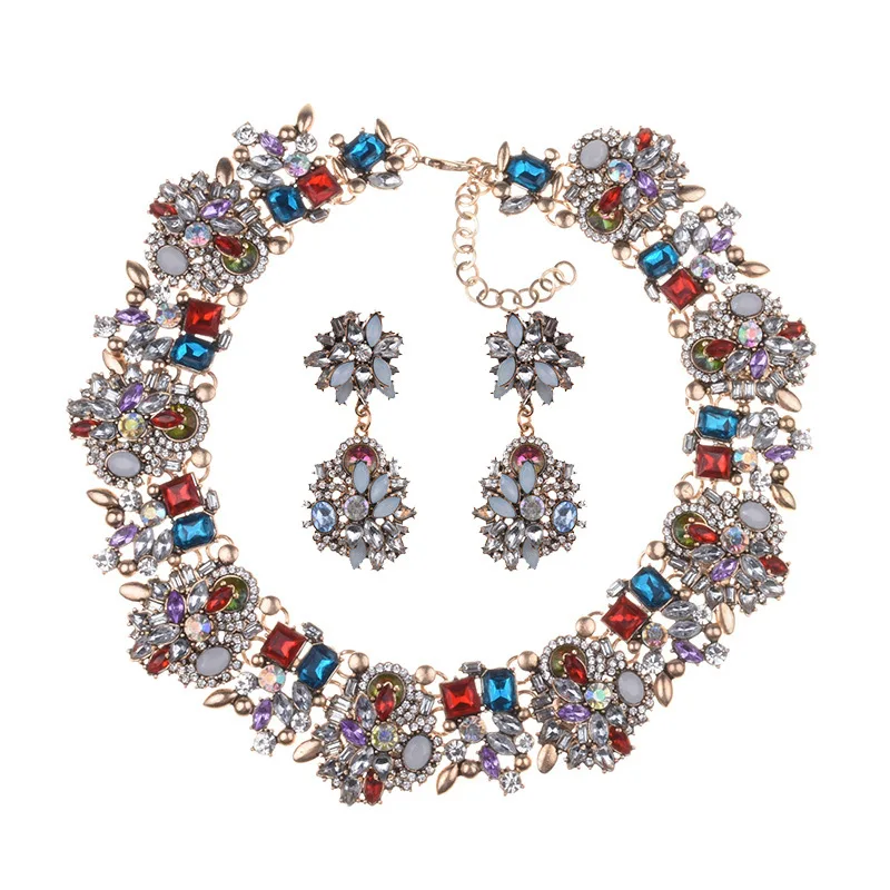 Luxury Crystal Rhinestone Necklace Earrings Jewelry Sets Women Large Collar Statement Choker Necklace Female Big Bib Necklaces - Окраска металла: Red Blue Purple