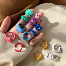 AOMU 2021 Korea New Design Colorful Drip Glaze Hollow Geometric Chain Irregular Round Open Rings for Women Party Jewelry