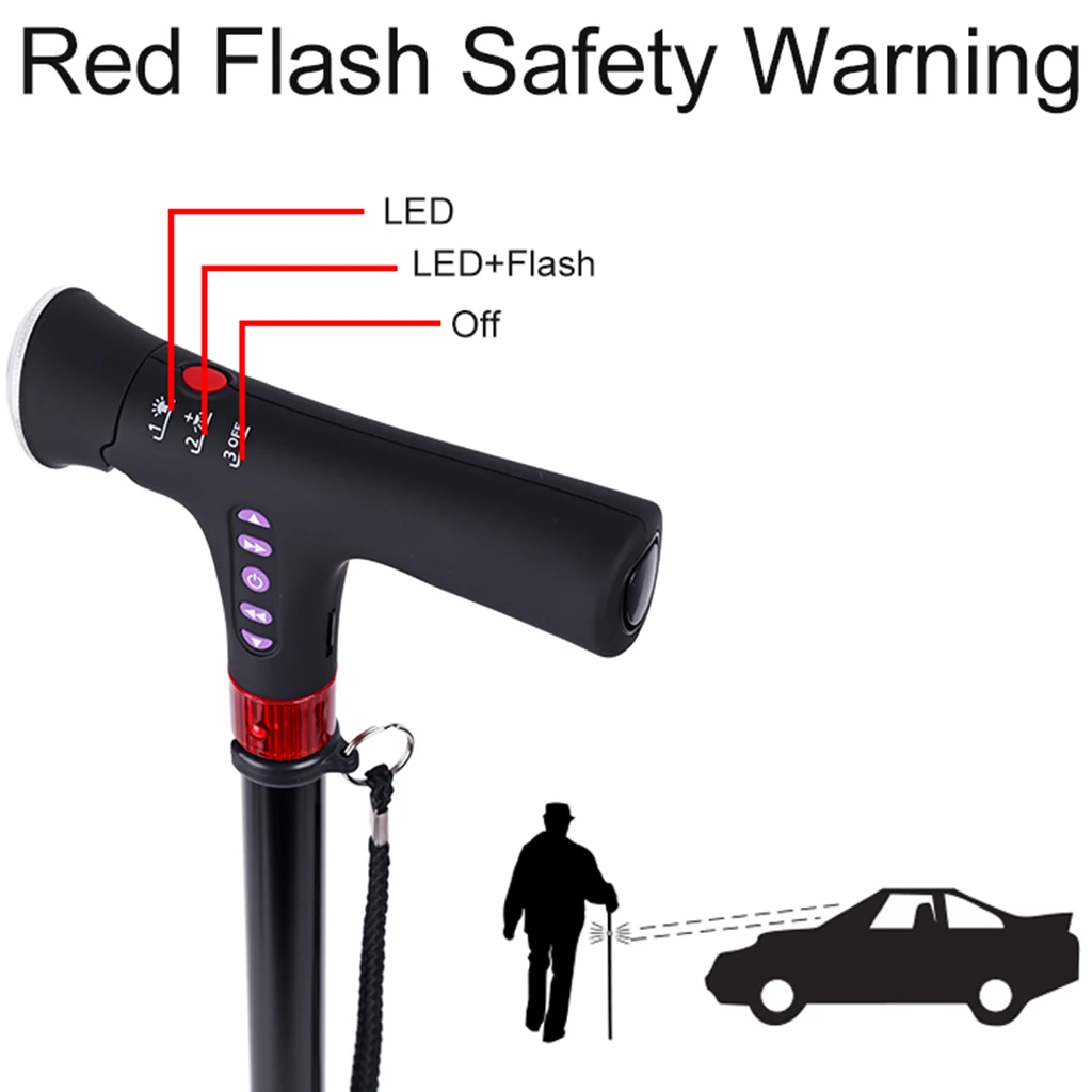 Adjustable Aluminium Walk Stick Cane With LED Light & Alarm And MP3 Player/Radio Recharge Ergonomics Handle Anti Slip Rubber Tip