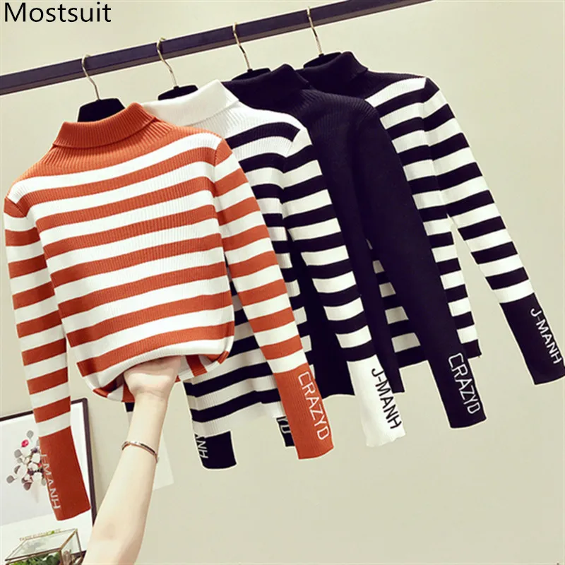 

Autumn Winter Turtleneck Pullover Sweater Women Letters Embroidery Striped Knitted Tops Fashion Korean Slim Sweaters Underwear