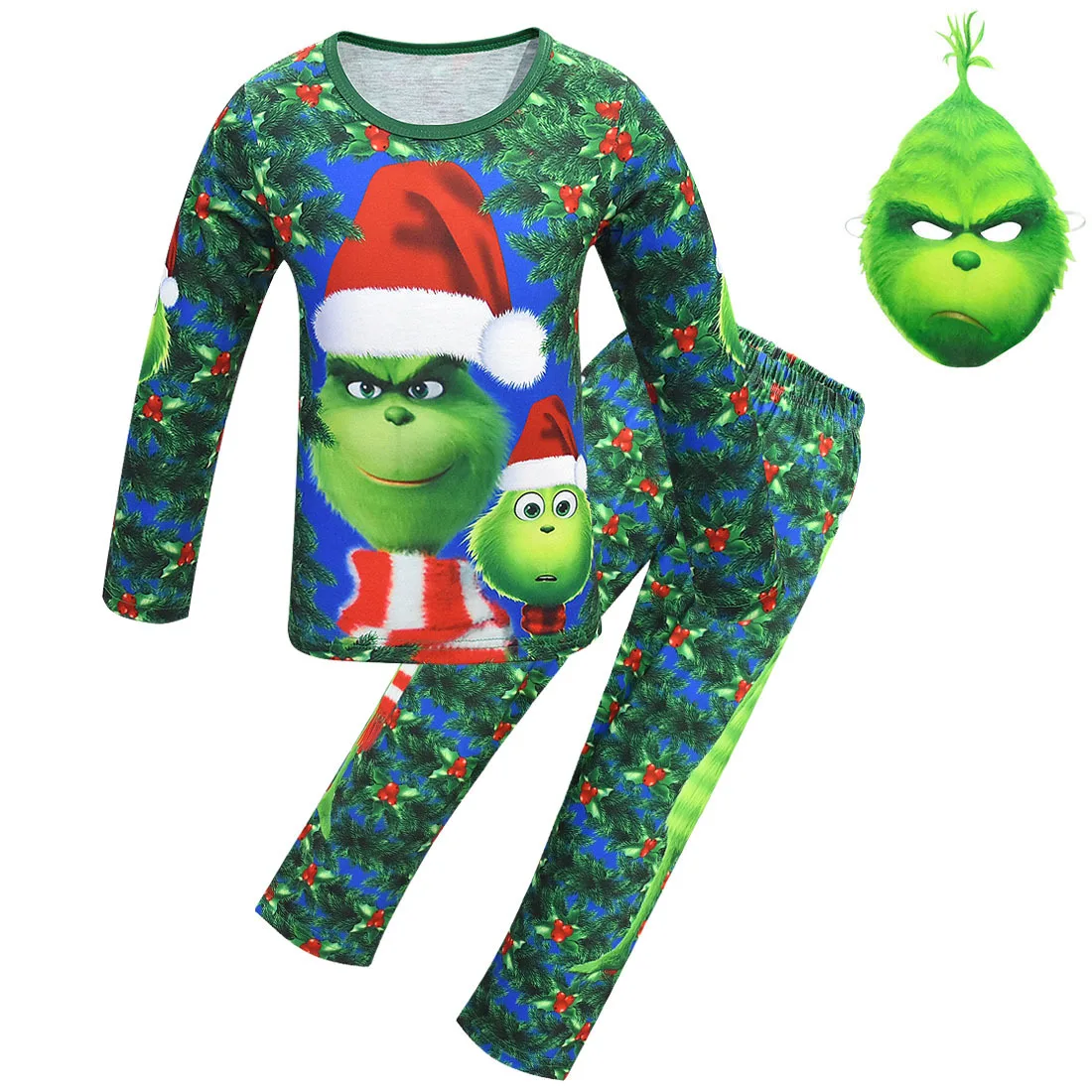 Детский карнавальный костюм Grinch, пижама с маской+ шарфом+ перчатками, домашний комплект для мальчиков, Рождественская одежда, одежда для сна для мальчиков, одежда для сна