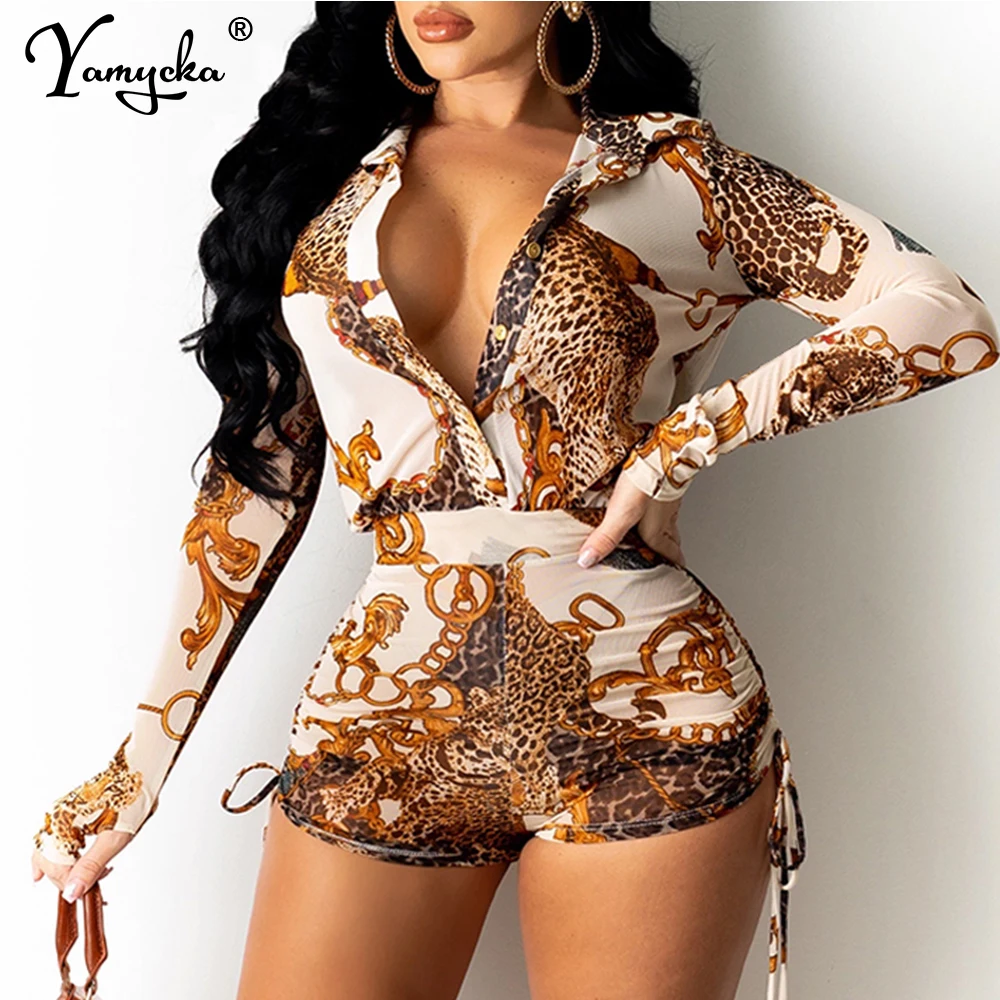 

Sexy print bodycon shorts bodysuit jumpsuit women summer bodys long sleeve club jumpsuits outfits elegante y2k rompers playsuits