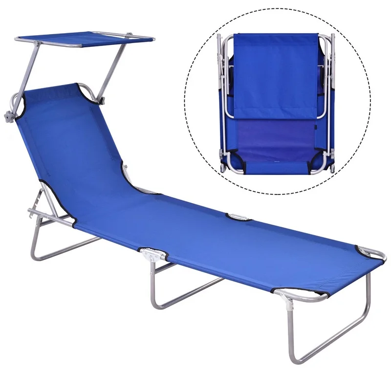 

Foldable Relaxing Lounge Beach Chair Heavy Duty Steel Oxford Fabric Outdoor Camping Chair Adjustable Canopy Provides Sun Shade