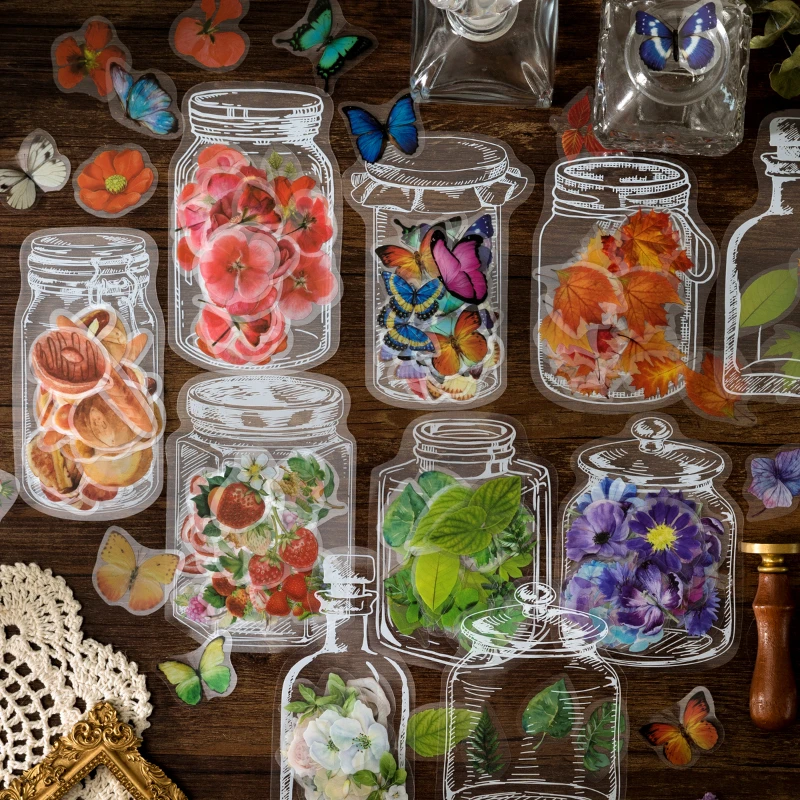 35 pcs Butterfly Flowers leaf Stickers glass container PET Sticker Decorative Diary Scrapbooking accessories collage material best ink for clear stamps