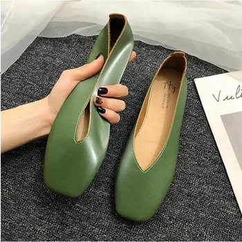 

EOEODOIT Casual Flat Heel Shoes Square Toe Leather Ballet Flats Slip On Summer Autumn Women Sneakers Retro Female Shoes