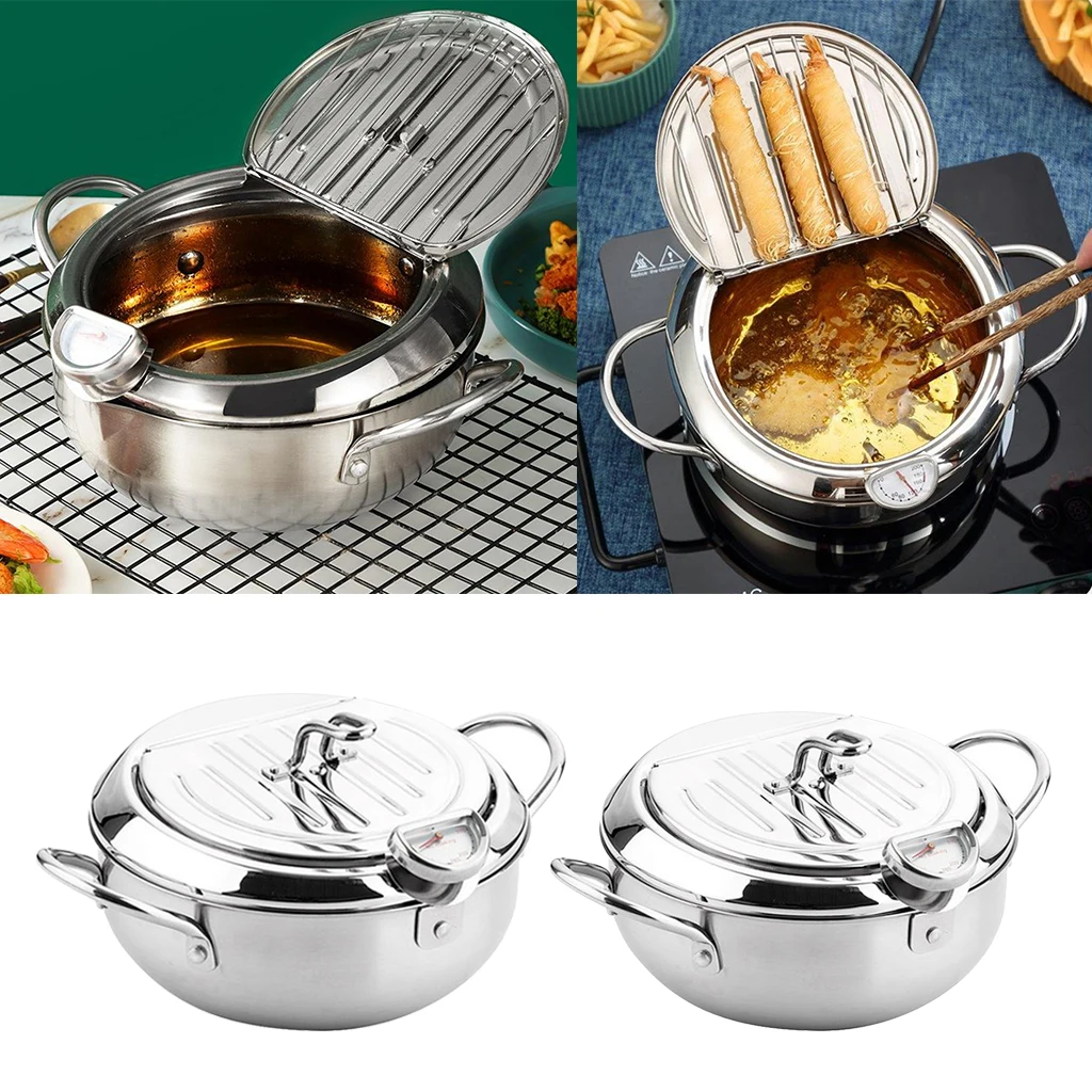 Kitchen Cooking Pot Deep Frying Pot Tempura Fryer Pan Temperature Controllable with Oil Drainage Rack in Lid