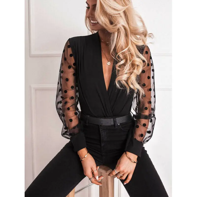 Blusa negra de manga larga para primavera y verano, camisa elegante con escote en V profundo para mujer, 2020