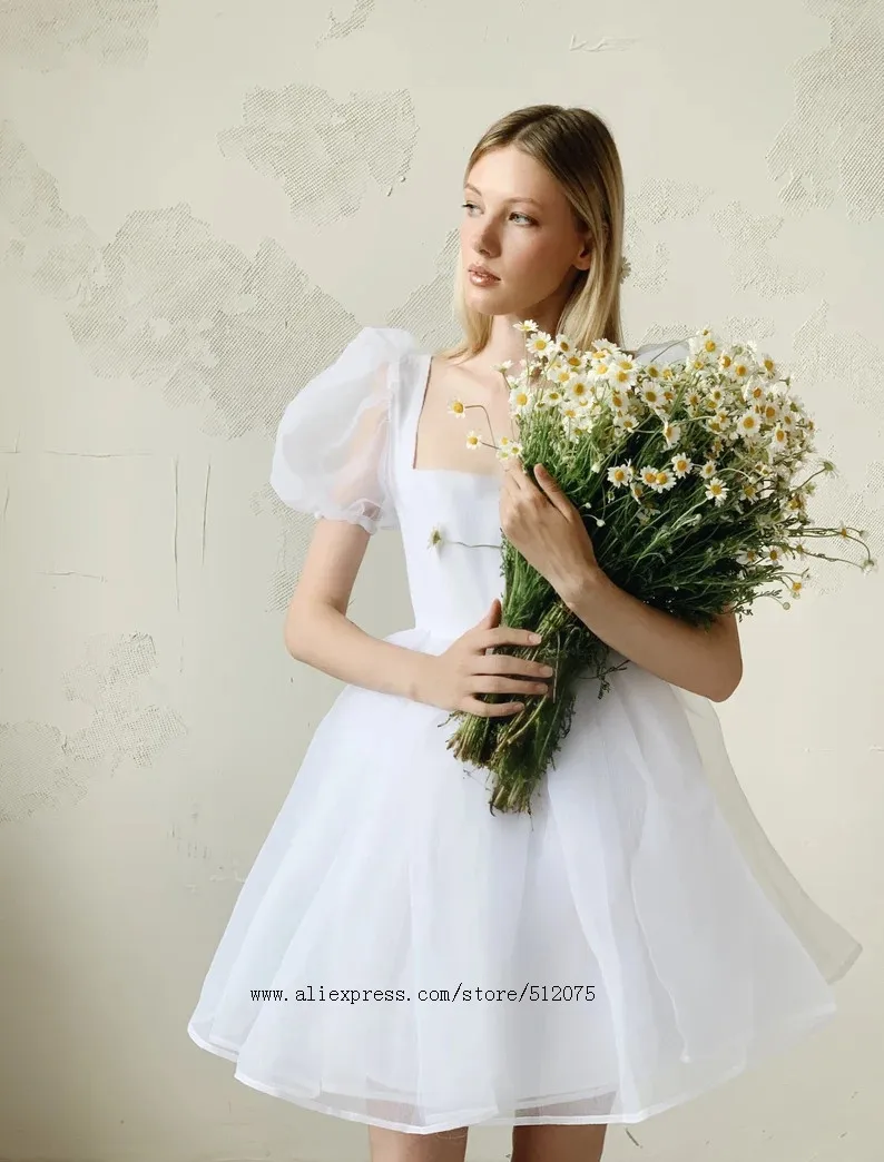

White Mini Prom Dresses Short Sleeves Women's Formal Party Dress Backless Satin Homecoming Gowns