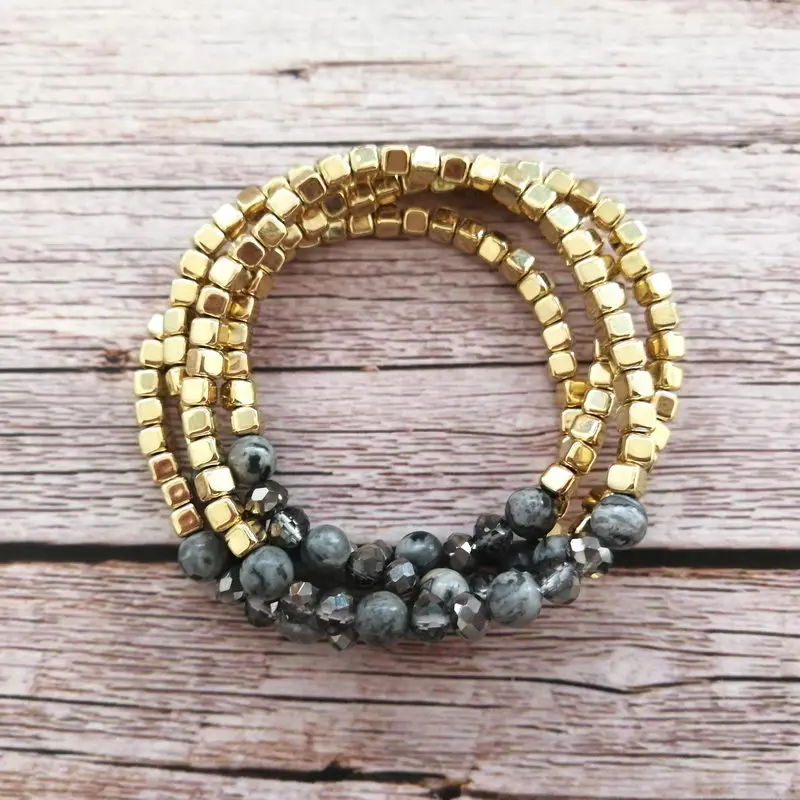 

4 PCS/Set ZWPON Gold Filled Blocks Glass Beaded Bracelets Set Women Mixed Squared Beads Stretch Bangles Jewelry Wholesale