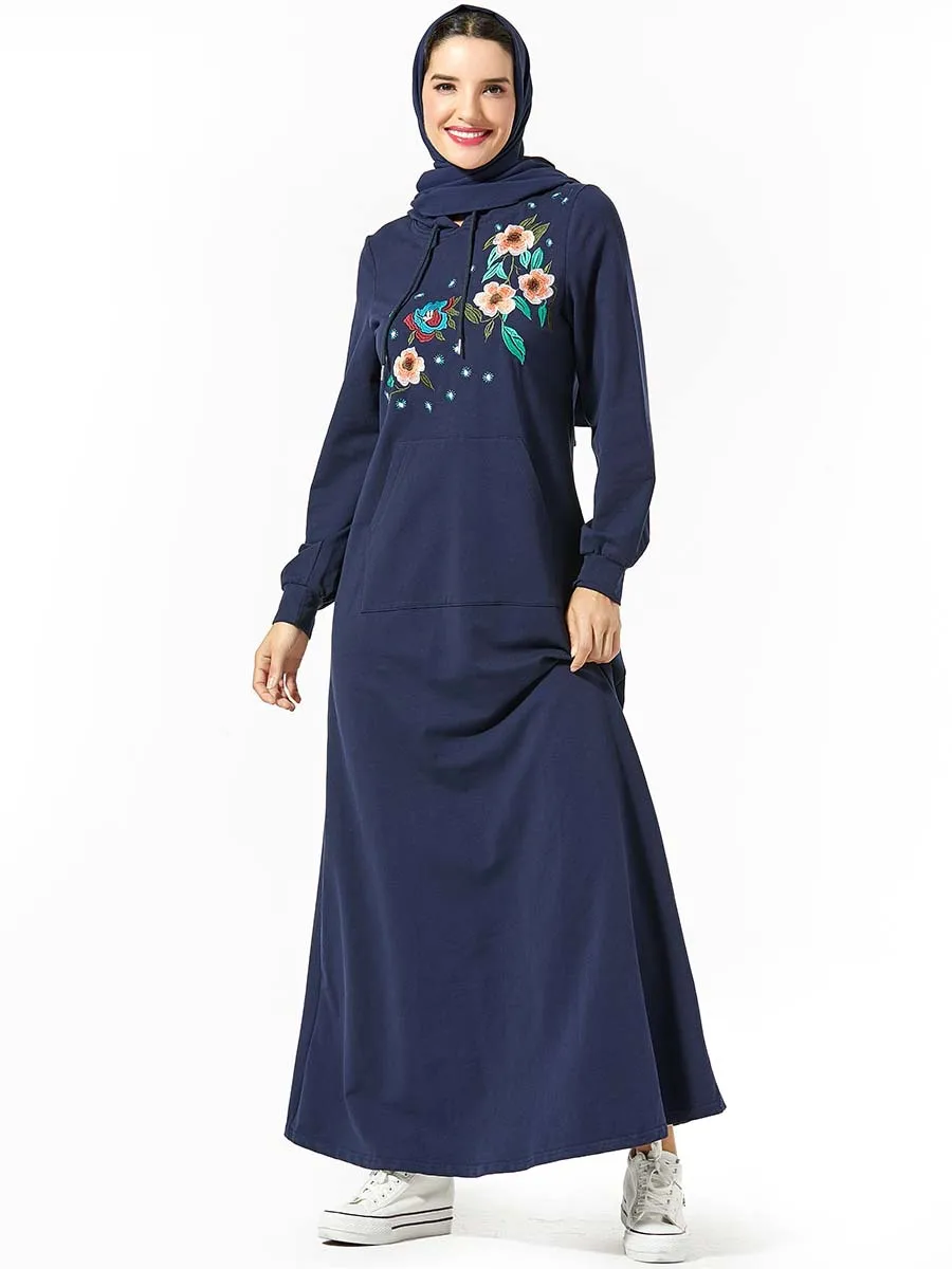 Дубай Абая вышивка Макси платье для женщин мусульманский длинный кафтан джилбаб Спорт с капюшоном Исламский халат одежда повседневная