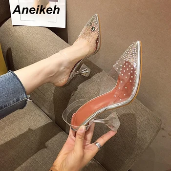 

Aneikeh NEW Transparent PVC Pointed Toe Rhinestone Crystal Sandals Slingback Elegant Back Strap Wedding Woman Ladies Dress Shoes