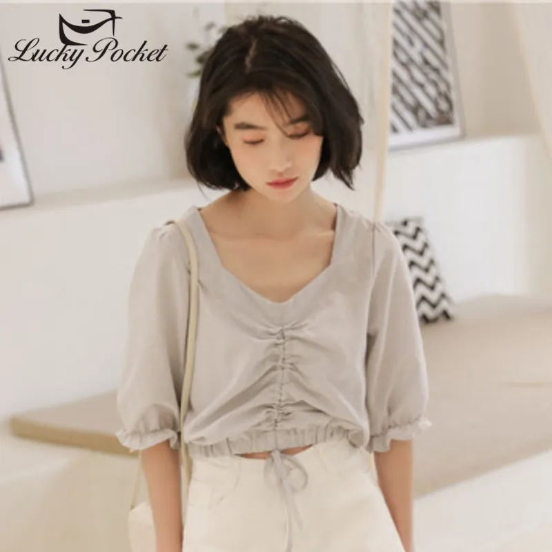 Женская летняя серая короткая рубашка с v-образным вырезом женская модная