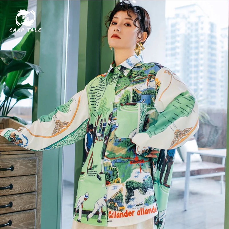 

2019 Spring and Summer New Street Fashion Personality Fashion Women's Loose Printed Shirt Style Print Shirt Oversized Blouse