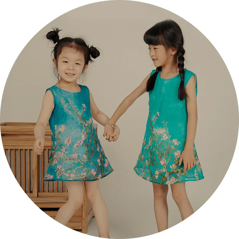 

Origional Design Childrenswear Chinese Style Silk Linen Skirt Literature And Art Dress Tz17-11 pi
