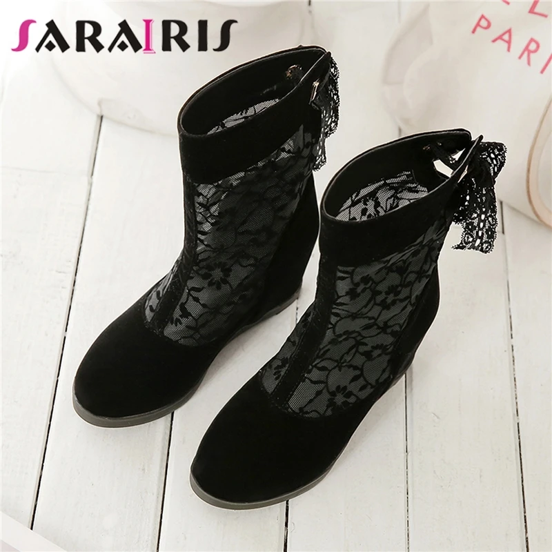

SARAIRIS Plus Size 34-40 Fashion Female Round Toe Flock Spring Summer Boots 2020 Casual Boots Women Lace Cloth Shoes Woman