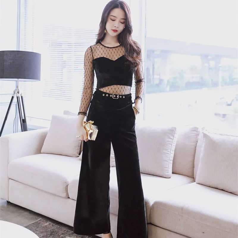 

Autumn Winter Two Piece Set New Arrival Mesh Patchwork See Through Blouse and Black Wide Leg Pants for Women Sexy 2 Piece Set