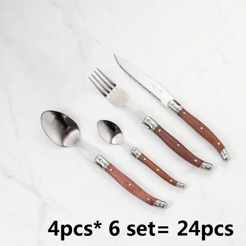 24pcs 6 set Набор столовых приборов из нержавеющей стали Laguiole, 24 шт., деревянные ручки, нож для стейка, вилка, столовая ложка, чайная ложка, столовые приборы, подарок, вечерние столовые приборы - Цвет: 24pcs 6 set