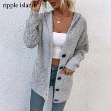 

Ripple Islands-single-Row Button Hooded Women's Sweater Cardigan New Solid Color Plush Sweater Women's Jacket Warm Coat Pocket
