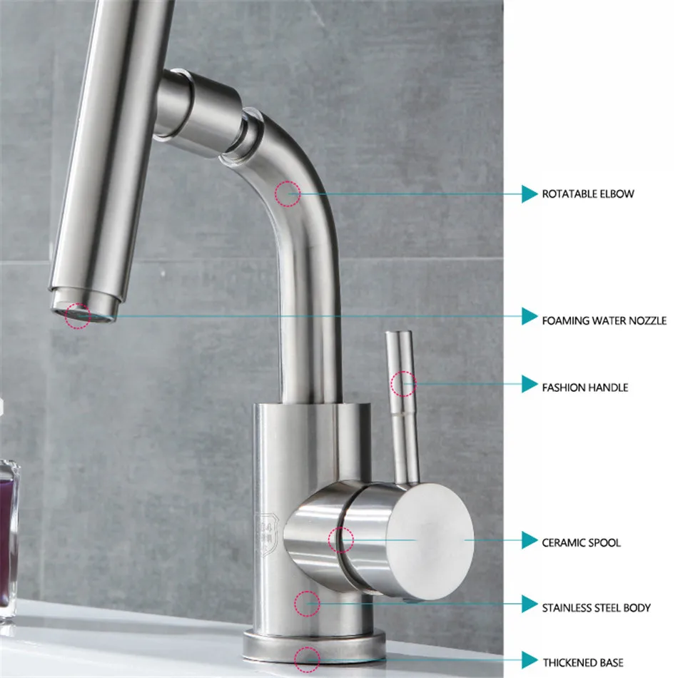 VOGVIGO Solid Stainless Steel Faucet Tap Rotatable Single Lever Universal for Kitchen Bathroom