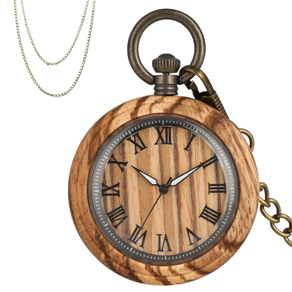 

Retro New Wooden Quartz Pocket Watch for Men Women Roman Numerals Round Dial Full Wood Watch Case Support Engraving