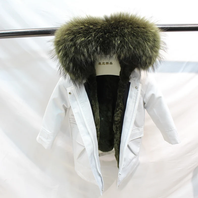 army green fur Парки из натурального меха кролика Рекс, куртка для девочек, детская куртка для мальчиков, детские пальто, ветровка с натуральным мехом енота - Цвет: army green fur
