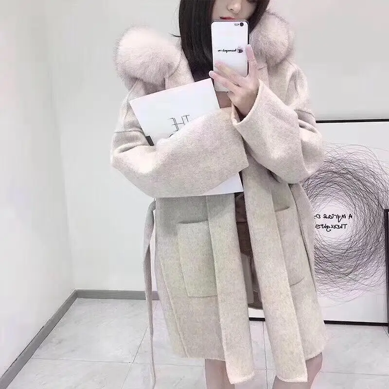Cena Koreańska wersja długi kaszmirowy płaszcz z prawdziwego futra lisa wykończenia bluza z kapturem ciepłe zagęścić duży kieszenie płaszcz kobiet kobiet znosić płaszcz zimowy