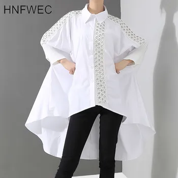 

New 2019 Korean Style Women Solid White Blouse Shirt Long Sleeve Lapel Lace Stitched Long Tail Feminine Shirt Chemise Femme Q556