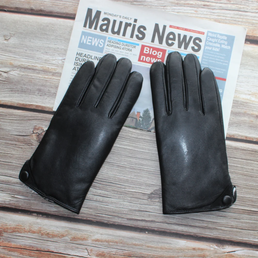 Men's New Genuine Leather Rabbit Hair Inner Gloves Black Fashion Button Style Touchable Windproof And Warm Winter Mittens