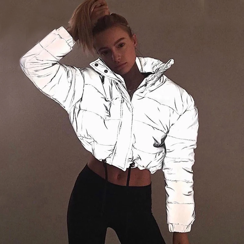 lower price  Reflective Gray Zipper Oversized Women Jackets Long Sleeve Button Loose Thick Cropped Jacket Sexy S