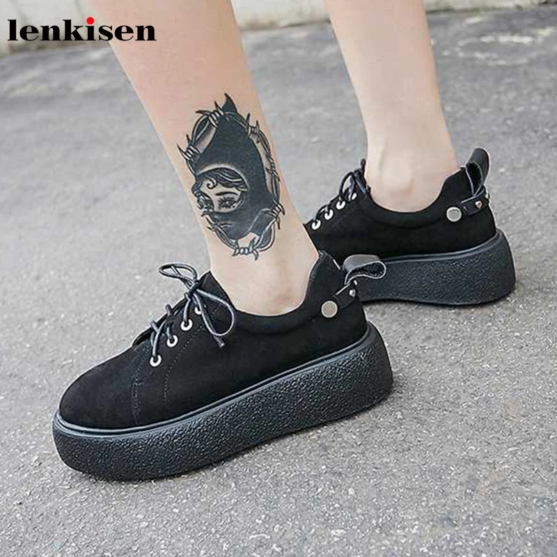 

Lenkisen hot sheep suede round toe thick bottom shoes lace up high heels metal rivets solid handsome women svulcanized shoes L18