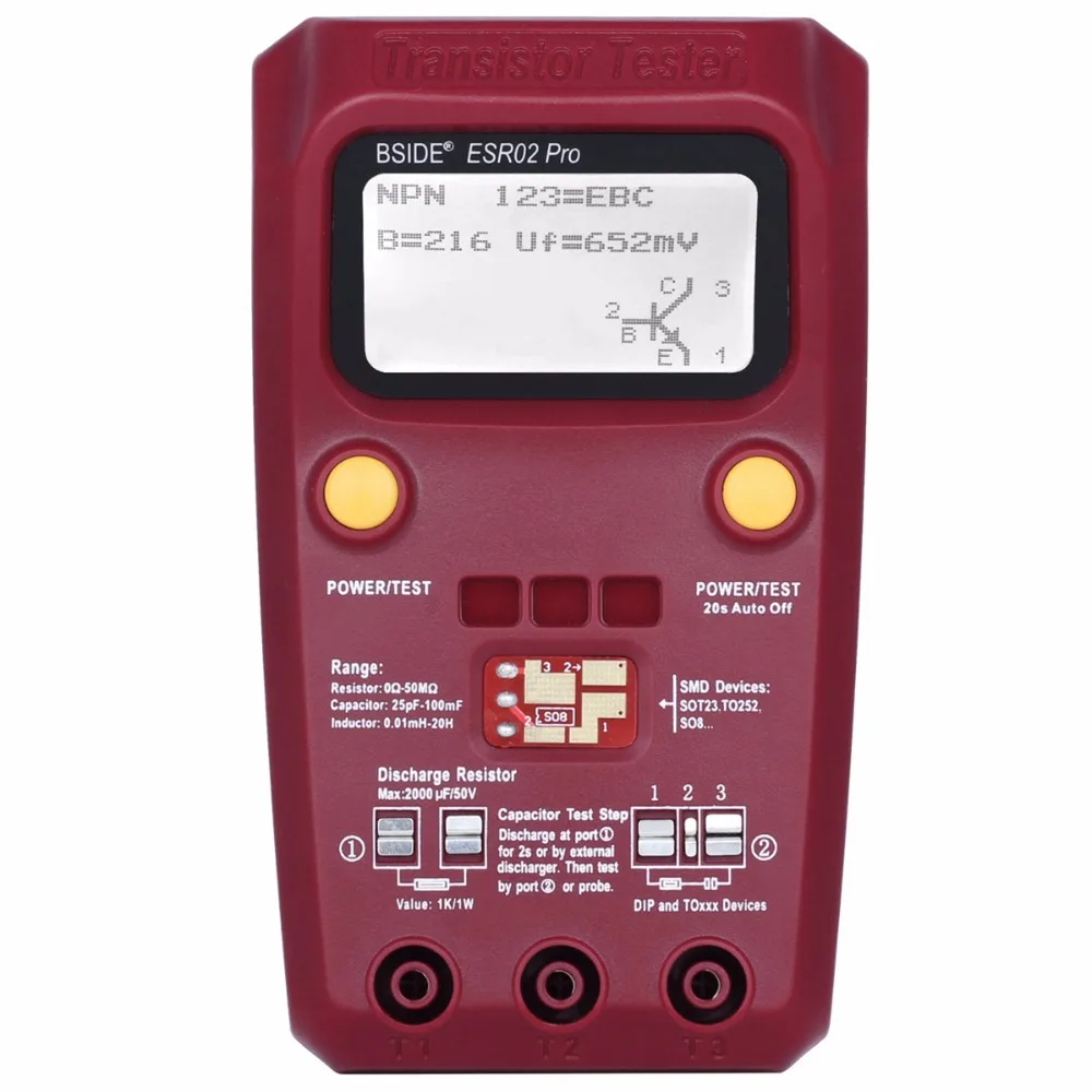 BSIDE ESR02 pro многоцелевой тестер Диод Триод измеритель емкости ЖК-дисплей ESR метр MOS/PNP/NPN тестер - Цвет: ESR02PRO-Red