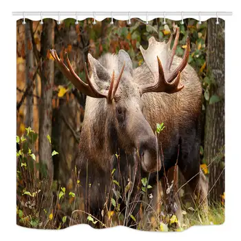 

Elk Shower Curtain Animals,Moose Bull Big Deer Antlers Alaska on Wild Forest Design Polyester Waterproof Fabric with 12 Rust