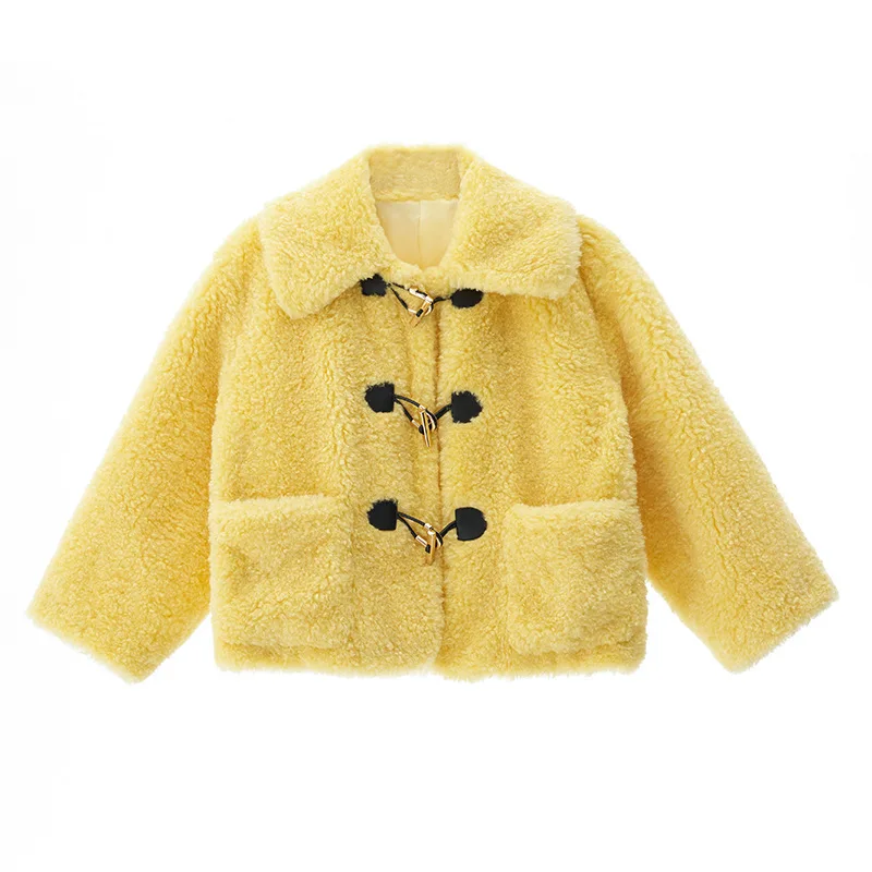 Стильный свитер, женское Короткое шерстяное пальто, зимнее однотонное пальто с одной роговой пряжкой, куртка с отложным воротником, женское повседневное Свободное пальто - Цвет: Цвет: желтый