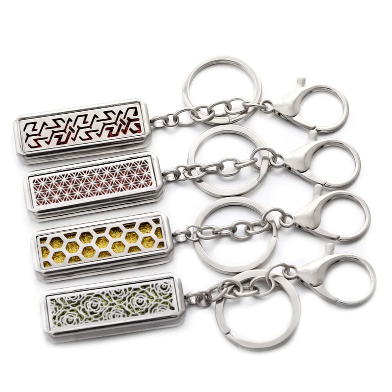 

Fashion Rectangular Aromatherapy Honeycomb Style Keychain Stainless Steel Perfume Essential Oil Keychain Locket Pendant Jewelry