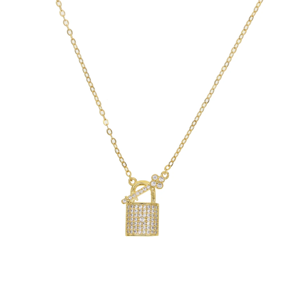 

Gold filled fashion statement female AAA cubic zirconia paved plain lock key charm delicate simple layer luxury women necklace