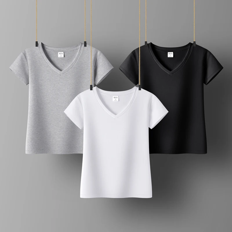 Camisas con cuello en V para mujer, ropa de mujer blanca y negra, camisetas de algodón de manga para niñas, Tops básicos _ AliExpress
