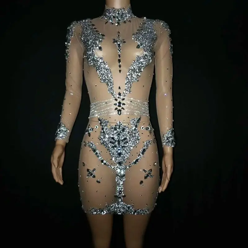 

New Sexy Mesh See Through Luxury Crystals Diamonds Dress Women Evening Prom Party Dresses Celebrity Birthday Outfit Stage Wear