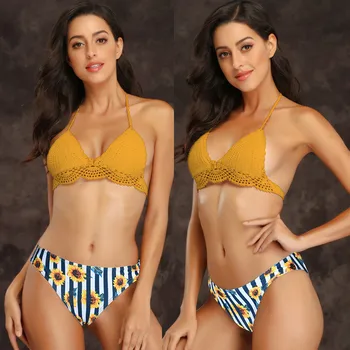 

Fashion Womens knitting Print Biquini Push-Up Pad Split Underwear Set Halter Female Intimates Lengerie Traje de baño For Bathers