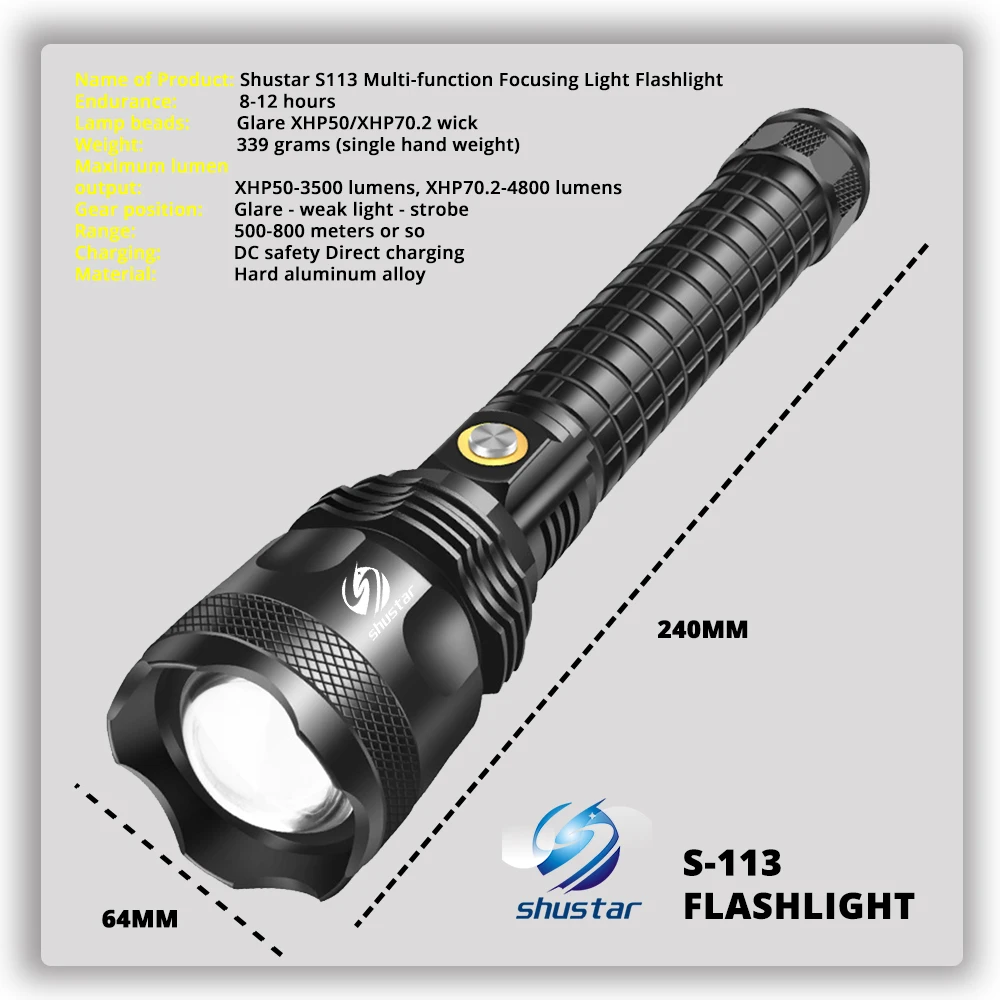 S113 Powerful LED Flashlight With XHP70.2 Lamp beads Tactical waterproof LED Torch Telescopic zoom 3 lighting modes By 26650