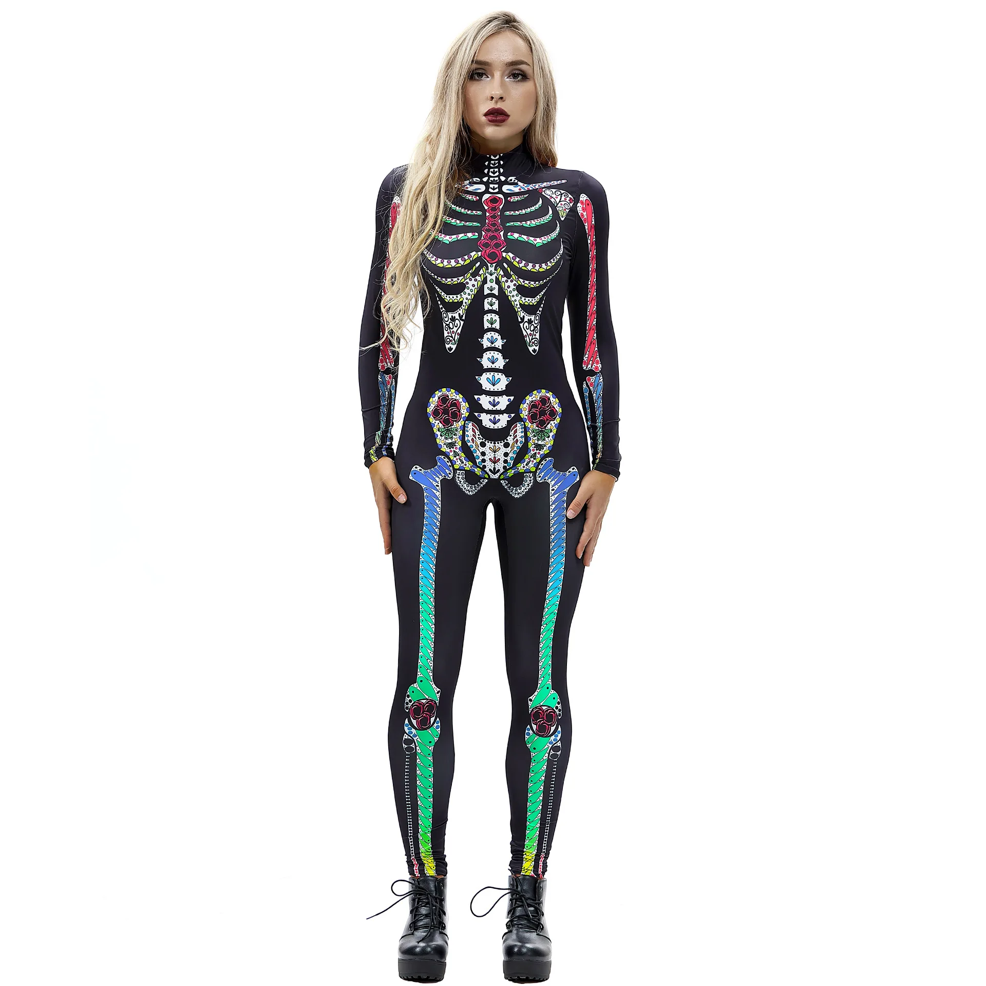 Scary Ghost Skeleton Print Long Sleeve Skull Bodysuit Cosplay Costume ...