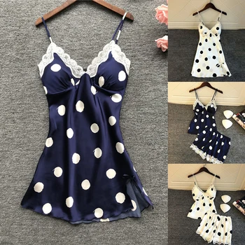 

New Fashion Soft Elegant Sexy Women's Satin Silk Sleepwear Nightdress Lingerie Polka Dot Summer Sleepwear 2020