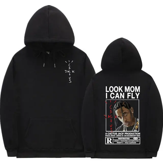 Cactus Jack Hoodie Men Women Double-sided Logo Print LOOK MOM I CAN FLY Travis Scott Hoodies Unisex Fashion Hip Hop Streetwear Q02751-black
